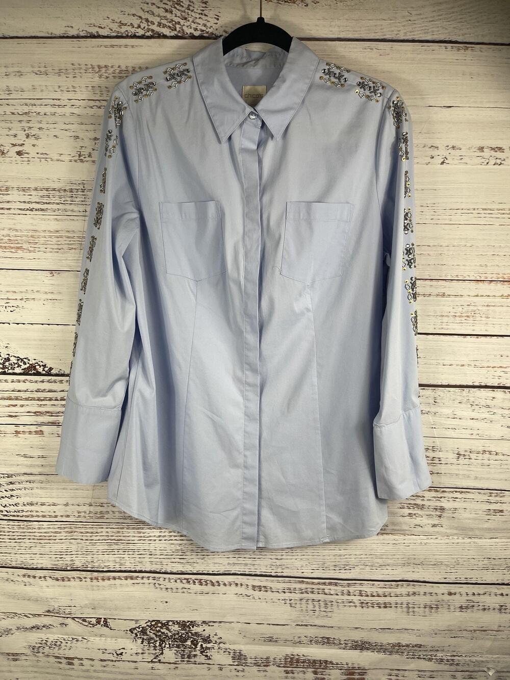 Chicos Shirt Women's Size M  Blue Embellished Long Sleeve Button Down Beaded Top